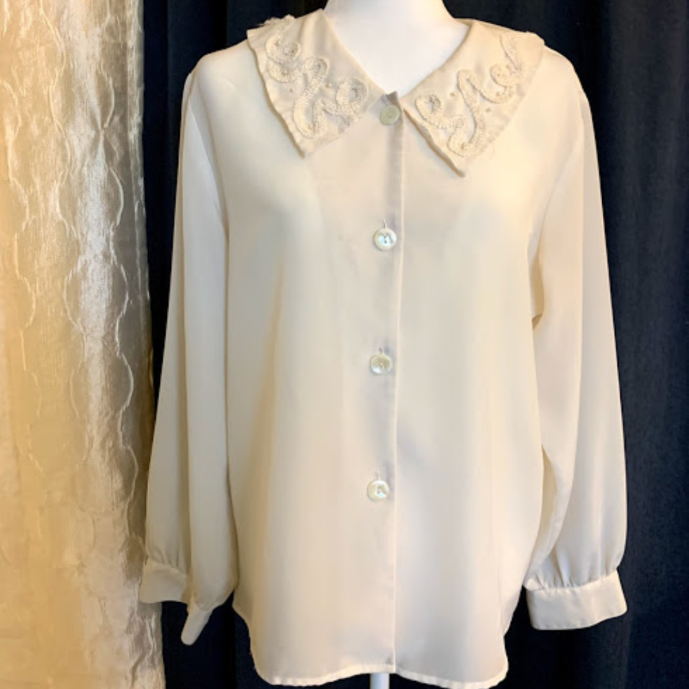 White Button Down Blouse with Embellished Collar